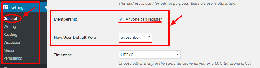 تنظیمات پیش فرض user registration
